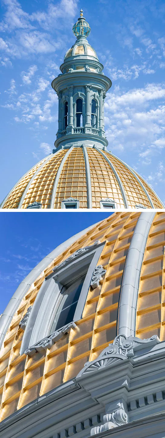 Two close up photos of the gilded dome and ribbing