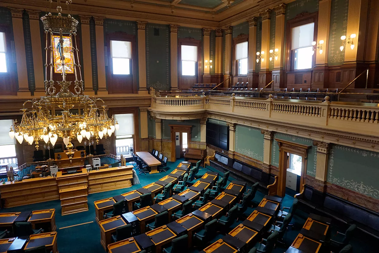 the chandelier and completed acoustic tiles in the house chambers