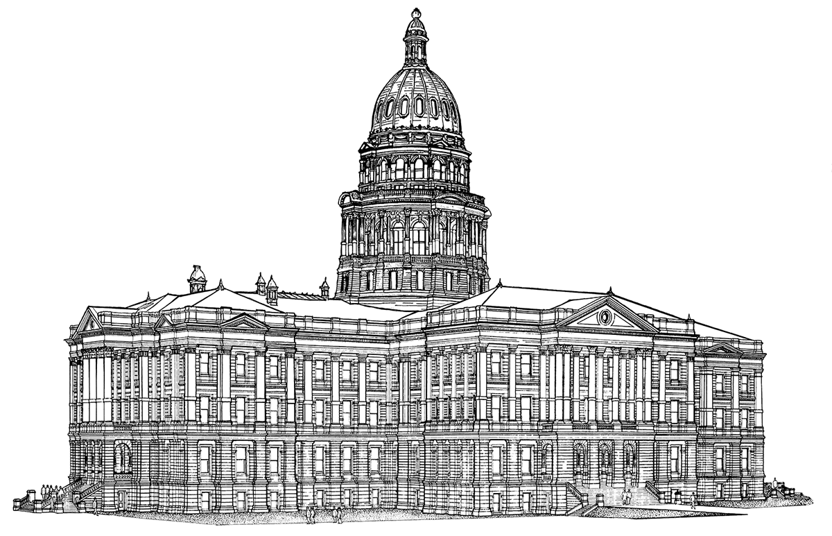 A line architectural drawing of the Colorado Capitol building
