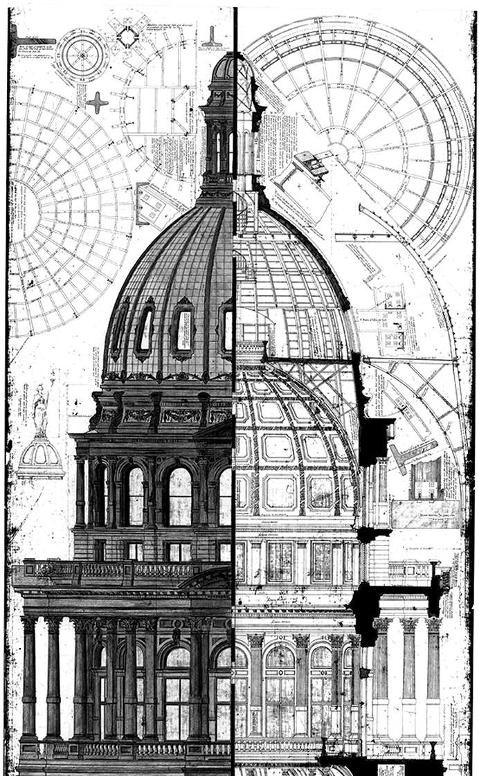An architectural drawing of the capitol dome showing cutaway versions of the ribbing structure