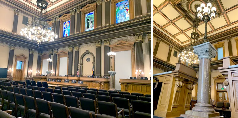 Two photos of the updated decor in the chamber. One shows the entire room and the other shows a marble pedestal with a lamp on top and the restored ceiling panels beyond it.