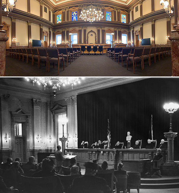 An image on top shows modern day restoration efforts make the chambers look like the archival photo below it.